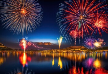 Fototapeta premium vibrant fireworks display illuminating night sky dazzling array colors patterns, aerial, burst, brightness, brilliance, celebration, charm, colorful