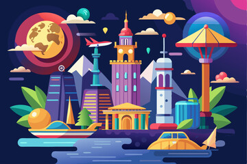 A Nighttime Cityscape with Buildings, Boats, and a Full Moon