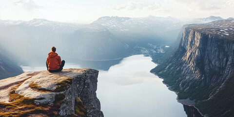 A person sitting on the edge of a breathtakingly beautiful mountain cliff