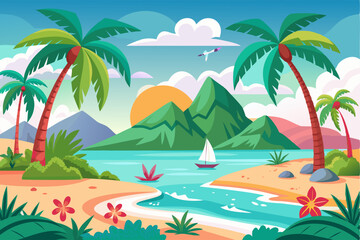 Obraz premium Tropical Island Beach with Palm Trees, Green Mountains, and a Sailboat