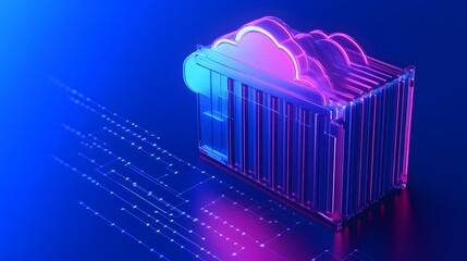 3D illustration of a cloud server data concept with purple neon lights on a blue background showcasing cloud computing technology.