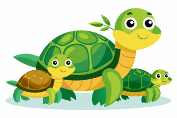 Fototapeta premium A Family of Three Cartoon Turtles with Green Shells