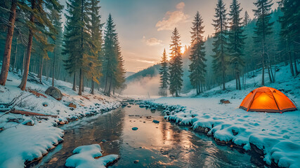 Idyllic hiking scenery on snowy trail. Moring sunlight, riverside, mountain view, campfire and tent. Freedom adventure, amazing nature landscape, misty fresh air, beautiful forest scene. AI
