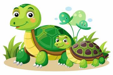Fototapeta premium Two Green Turtles with Cartoon Features in a Grassy Area