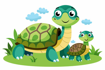 Cartoon Illustration of a Mother Turtle and Her Baby Turtle