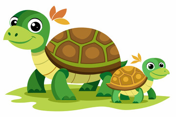 Fototapeta premium Two cartoon turtles with green shells and brown spots standing on green grass