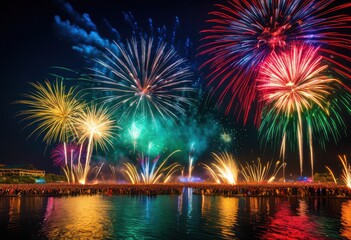 vibrant fireworks display illuminating nighttime sky colorful explosions bright sparks, illumination, celebration, festival, lights, bursts, patterns, beauty