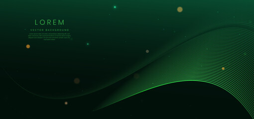 Luxury green background with curved glowing green lines lighting effect sparkle. Template premium award ceremony design.