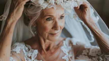 Senior Bride Adjusting Veil