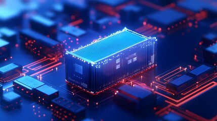 Fototapeta premium 3D illustration of a glowing microchip with red circuit lines, representing technology and modern electronics innovation.