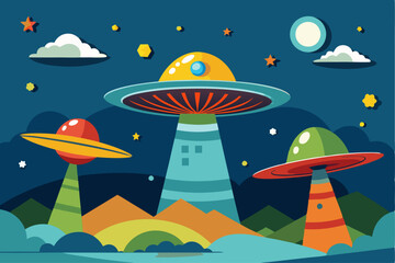 Three Cartoon UFOs Hovering Over a Night Landscape
