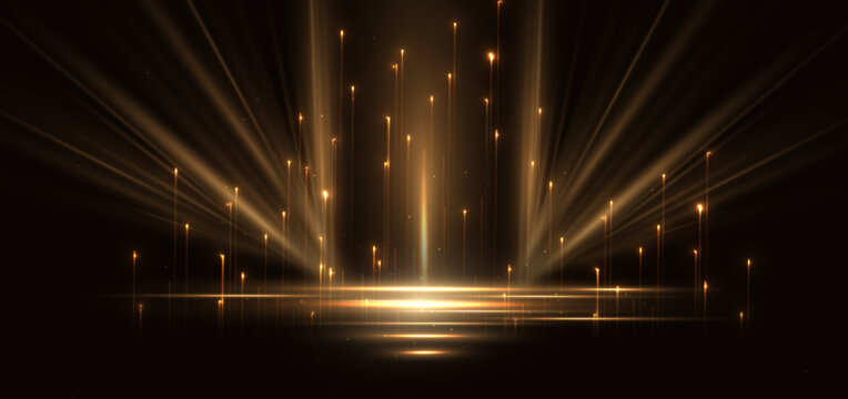 Abstract glowing gold diagonal lighting lines on dark  background with lighting effect and sparkle with copy space for text. Luxury design style.
