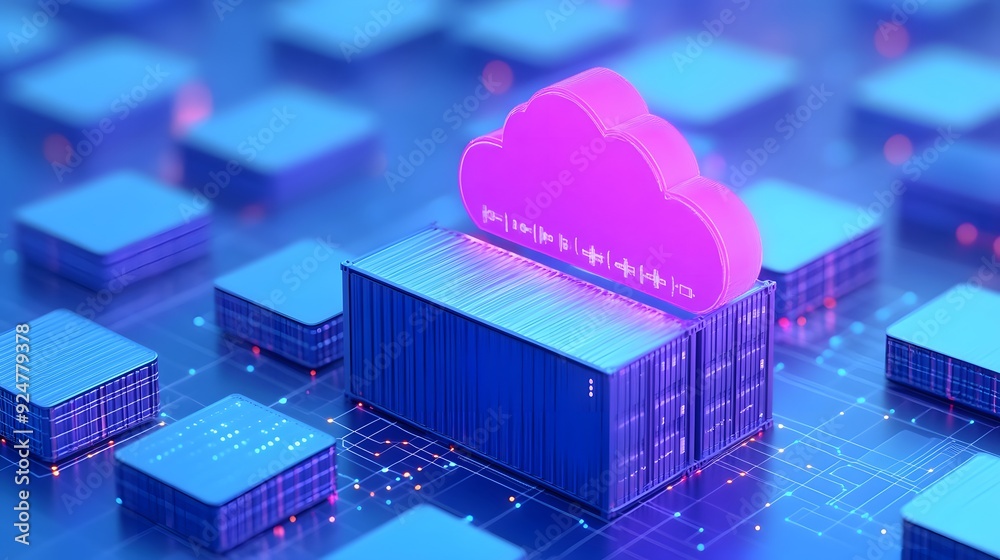 Poster 3d illustration of cloud computing technology showing storage containers and a cloud symbol represen