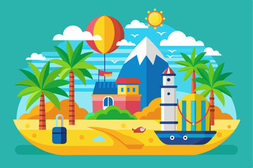 A Colorful Illustration of a Tropical Island Scene with a Lighthouse, Hot Air Balloon, and Palm Trees