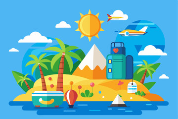 Obraz premium Tropical Island Vacation Destination with Luggage, Palm Trees, Airplane, and Hot Air Balloon