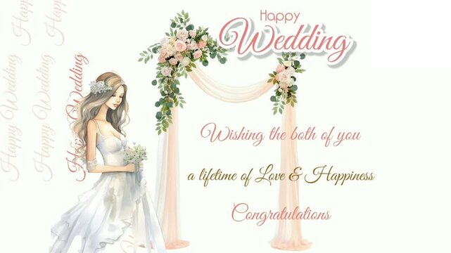 Animated text Happy Wedding Online congratulation greeting card animation in pink Floral Spring fresh colors. 4k video wedding invitation, wishing the both of you a lifetime of love and happiness.
