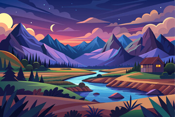 A Serene Mountain Valley Scene at Night with a Cabin by the River