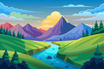 A winding river flows through a picturesque mountain valley, with a vibrant sunset illuminating the sky.