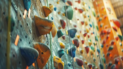indoor climbing gym with a model cliff, various routes holds, climbers practicing their skills