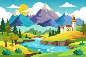 Picturesque Mountain Landscape with a Winding River and a Castle