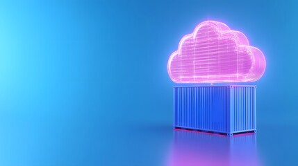 3D rendering of a digital cloud above a data container, symbolizing cloud computing and data storage solutions, on a blue background.