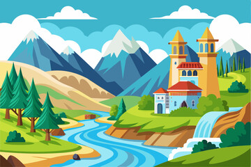 Naklejka premium Mountainous Landscape with River, Waterfall, and Towering Building