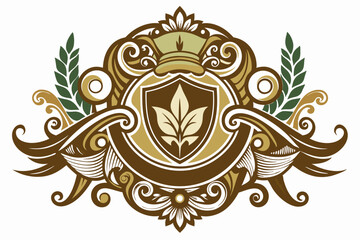 Ornate Shield Crest with Floral Elements and Leaf Motif