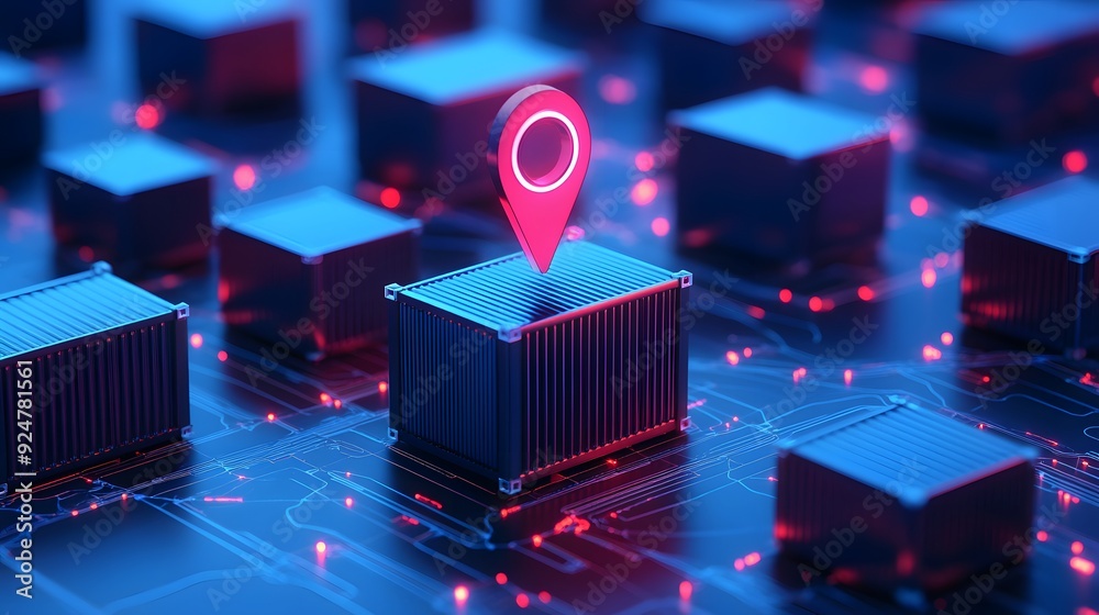 Poster a digital representation of server containers with a neon location pin, highlighting data storage an