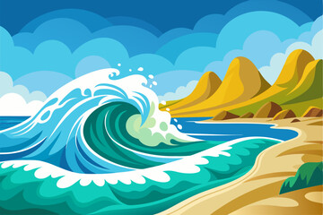 A Large Ocean Wave Breaking Near a Sandy Beach and Mountains