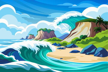 Fototapeta premium A Tranquil Coastal Scene with Rolling Waves and Lush Foliage