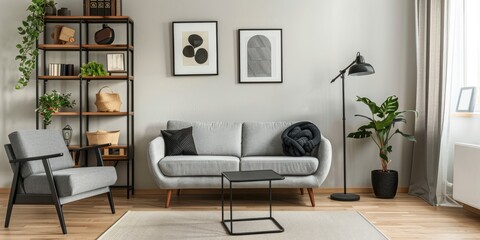 Cozy grey furniture with wooden shelving unit and black lamp in a bright living room
