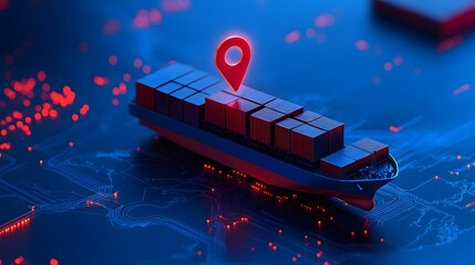 Obraz premium A futuristic cargo ship equipped with tracking technology, navigating through a digital map overlay under the glow of technological visuals.