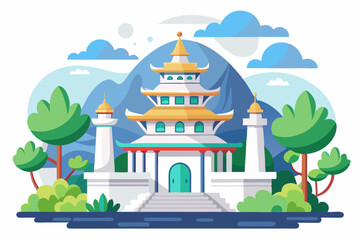 Fototapeta premium A White Pagoda with Golden Roof in a Mountainous Landscape