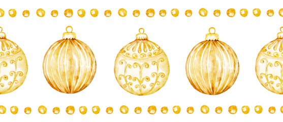Gold watercolor garland Christmas balls, ribbon design, seamless pattern border line ornaments © Evgeniya Sheydt