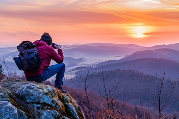 Fototapeta premium Peaceful Sunrise Scene on Mountaintop with Photographer Capturing Moment