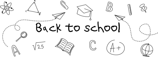 Back to school banner. Education, science concept. Banner with school supplies drawings. Hand drawn pattern. Banner for your design. Vector EPS 10