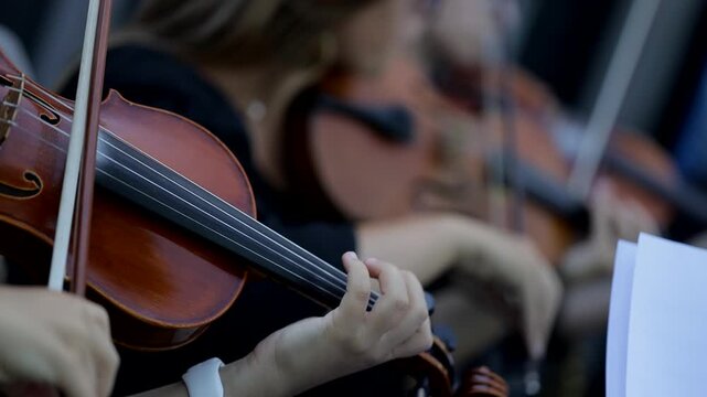Violin concert. Musician playing violin outdoors. Violinist play music for the wedding. Wedding music concept