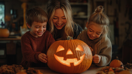 A mom and her two children carving a jank o lantern pumpkin