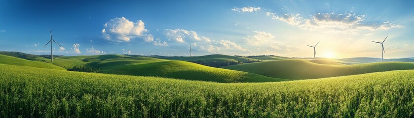 Obraz premium Clean Energy Production Concept with Wind Turbines and Copyspace on Green Background