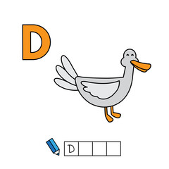 Alphabet with cute cartoon animals isolated on white background. Learning to write game for children education. Vector illustration of duck and letter D