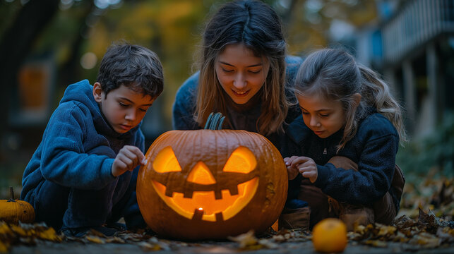 A mom and her two children carving a jank o lantern pumpkin