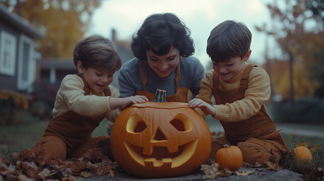 A mom and her two children carving a jank o lantern pumpkin