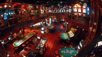A panoramic view of a casino gaming floor, various table games and slot machines