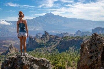 Obraz premium Standing On A Rock. Adventure Girl Enjoying the Beautiful View of Roque Nublo and Mount Teide at Gran Canary Islands, Spain