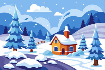 Fototapeta premium Snowy Winter Landscape with a Cozy Cottage and Pine Trees