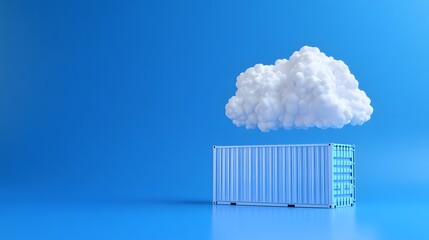 Cloud technology concept with a cloud floating above a shipping container on a blue background, symbolizing cloud storage and computing.