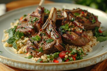 Fototapeta premium Grilled lamb chops served on a bed of couscous with herbs and garnishes.
