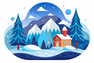 Fototapeta premium Cozy Cabin Nestled in a Snowy Mountain Landscape