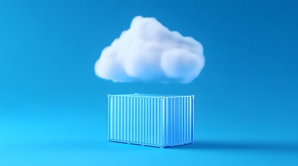 Creative blue background with a cloud hovering above a shipping container concept of cloud computing, storage, and technology.