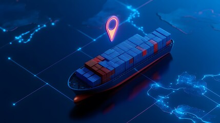 Fototapeta premium Container ship with GPS pin glowing icon on a digital map, illustrating global logistics, shipping, and cargo transportation.